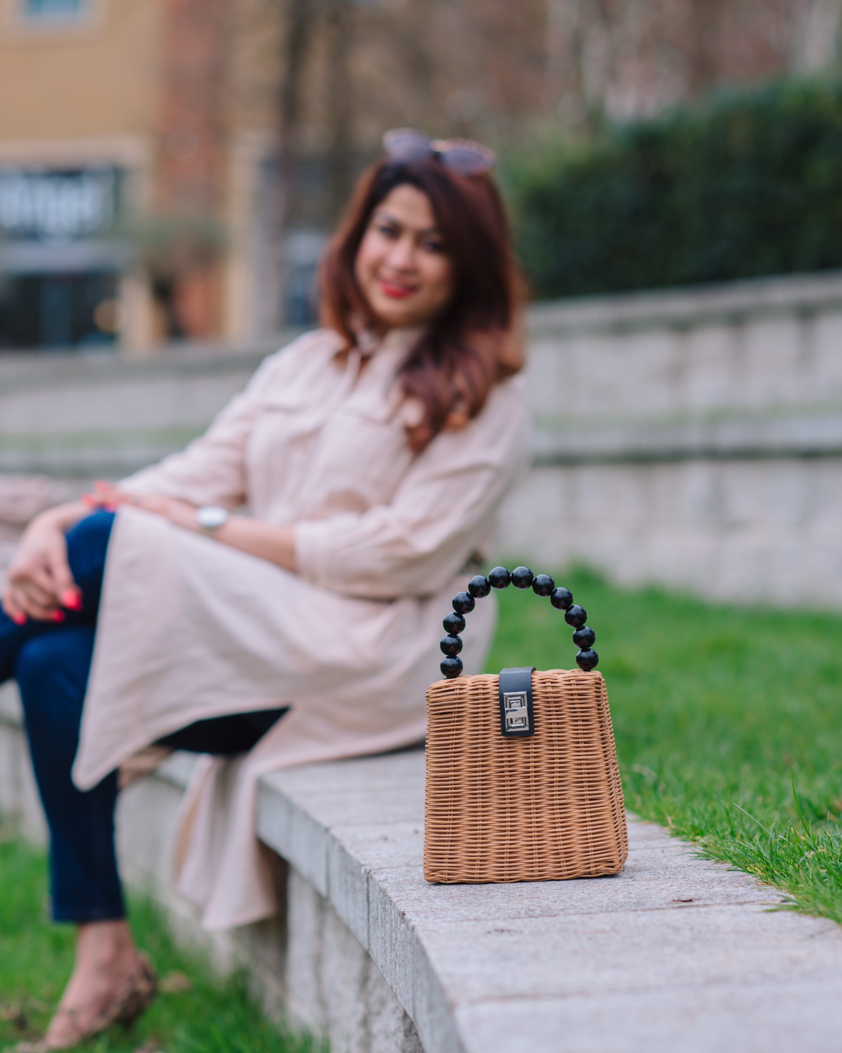 Shirt dress & cane bag